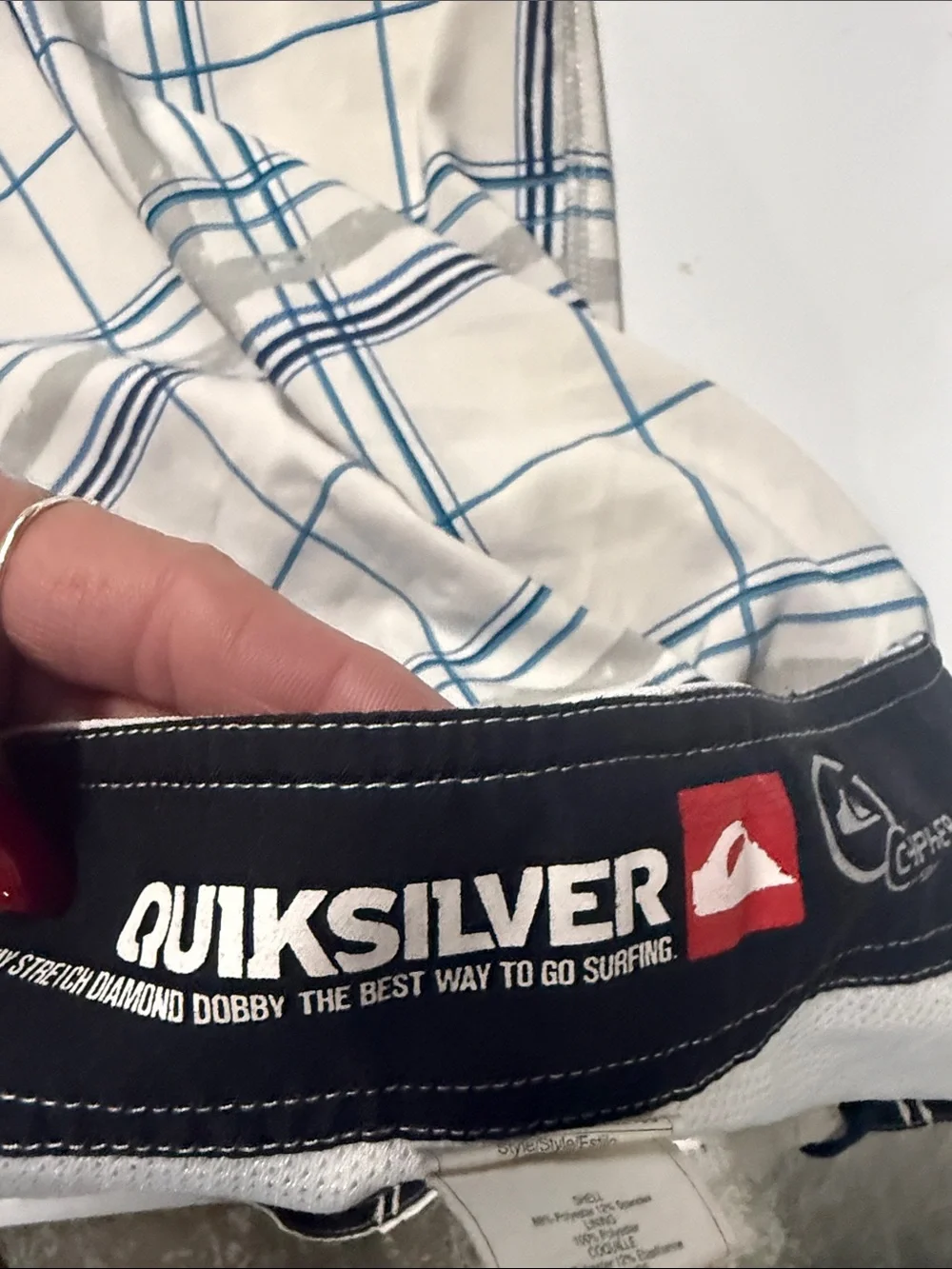 Quiksilver Men’s Cream Swim Boardshorts with Blue & Gray Plaid